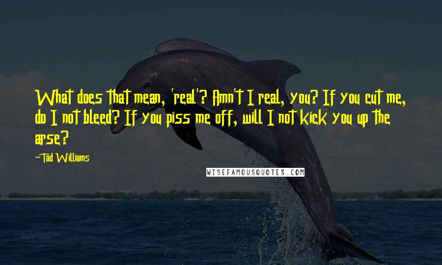 Tad Williams Quotes: What does that mean, 'real'? Amn't I real, you? If you cut me, do I not bleed? If you piss me off, will I not kick you up the arse?