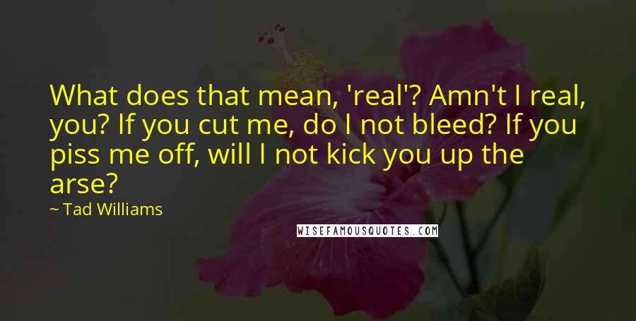 Tad Williams Quotes: What does that mean, 'real'? Amn't I real, you? If you cut me, do I not bleed? If you piss me off, will I not kick you up the arse?