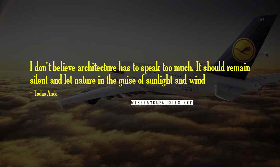 Tadao Ando Quotes: I don't believe architecture has to speak too much. It should remain silent and let nature in the guise of sunlight and wind