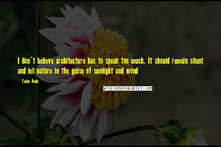 Tadao Ando Quotes: I don't believe architecture has to speak too much. It should remain silent and let nature in the guise of sunlight and wind