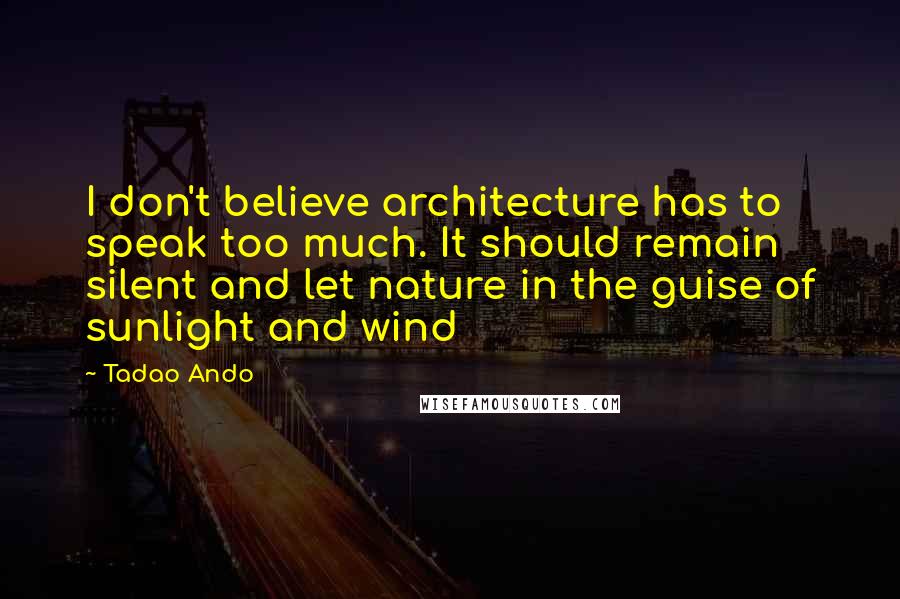 Tadao Ando Quotes: I don't believe architecture has to speak too much. It should remain silent and let nature in the guise of sunlight and wind