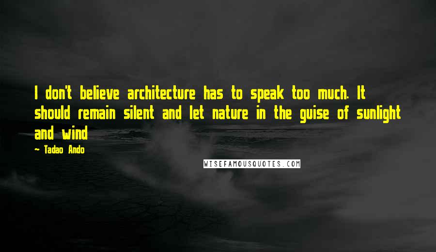 Tadao Ando Quotes: I don't believe architecture has to speak too much. It should remain silent and let nature in the guise of sunlight and wind