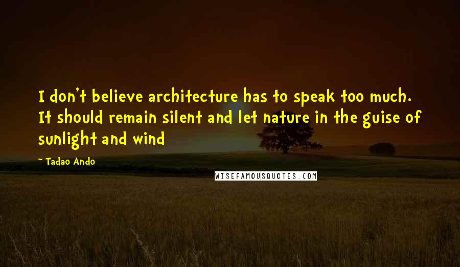 Tadao Ando Quotes: I don't believe architecture has to speak too much. It should remain silent and let nature in the guise of sunlight and wind