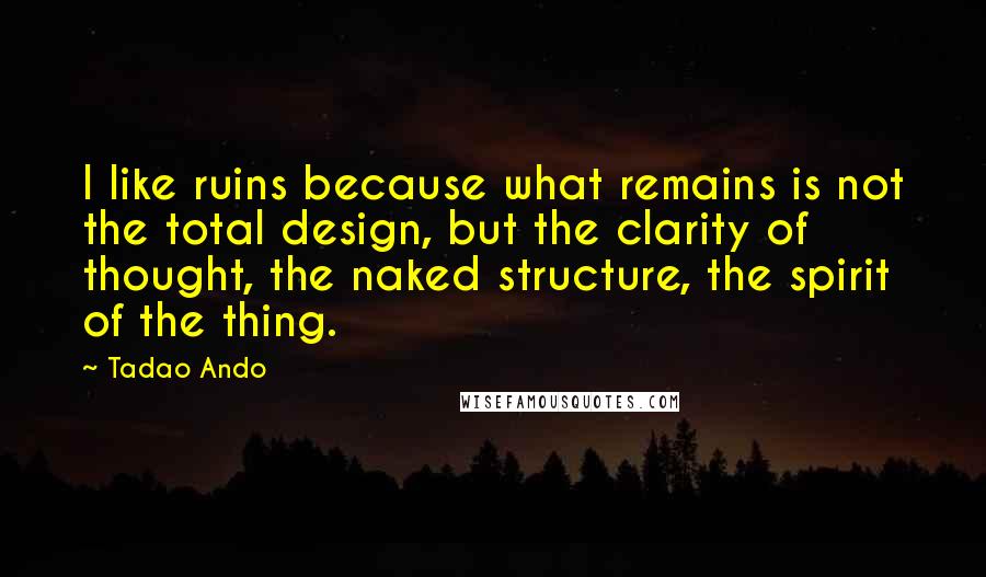 Tadao Ando Quotes: I like ruins because what remains is not the total design, but the clarity of thought, the naked structure, the spirit of the thing.