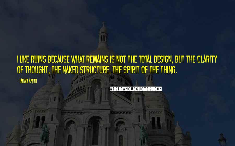 Tadao Ando Quotes: I like ruins because what remains is not the total design, but the clarity of thought, the naked structure, the spirit of the thing.