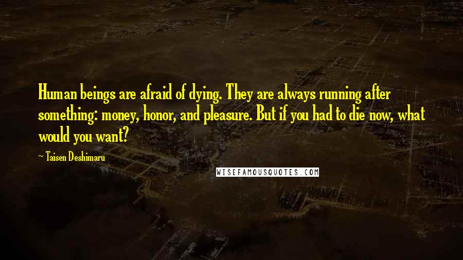 Taisen Deshimaru Quotes: Human beings are afraid of dying. They are always running after something: money, honor, and pleasure. But if you had to die now, what would you want?