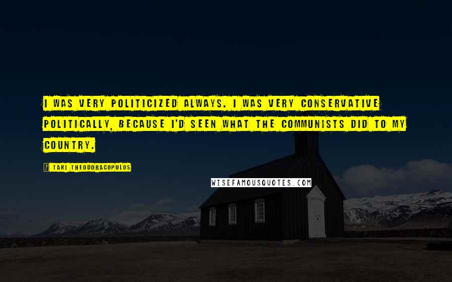 Taki Theodoracopulos Quotes: I was very politicized always. I was very conservative politically, because I'd seen what the communists did to my country.