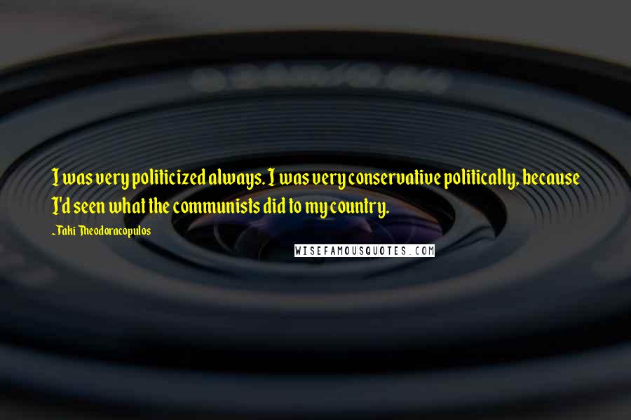 Taki Theodoracopulos Quotes: I was very politicized always. I was very conservative politically, because I'd seen what the communists did to my country.