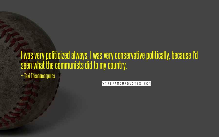 Taki Theodoracopulos Quotes: I was very politicized always. I was very conservative politically, because I'd seen what the communists did to my country.