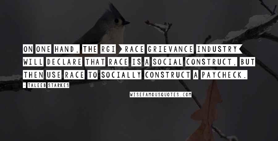 Taleeb Starkes Quotes: On one hand, the RGI [Race Grievance Industry] will declare that race is a social construct, but then use race to socially construct a paycheck.