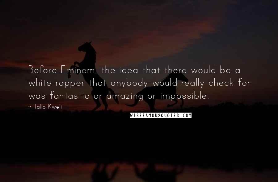 Talib Kweli Quotes: Before Eminem, the idea that there would be a white rapper that anybody would really check for was fantastic or amazing or impossible.