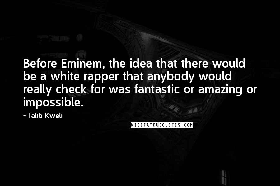 Talib Kweli Quotes: Before Eminem, the idea that there would be a white rapper that anybody would really check for was fantastic or amazing or impossible.