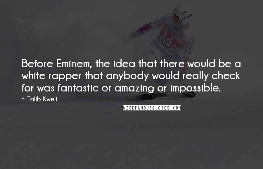 Talib Kweli Quotes: Before Eminem, the idea that there would be a white rapper that anybody would really check for was fantastic or amazing or impossible.