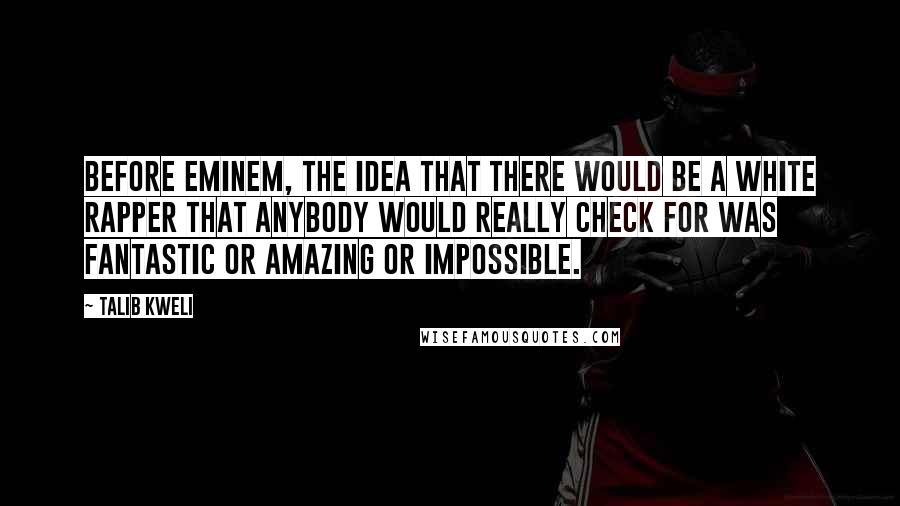 Talib Kweli Quotes: Before Eminem, the idea that there would be a white rapper that anybody would really check for was fantastic or amazing or impossible.