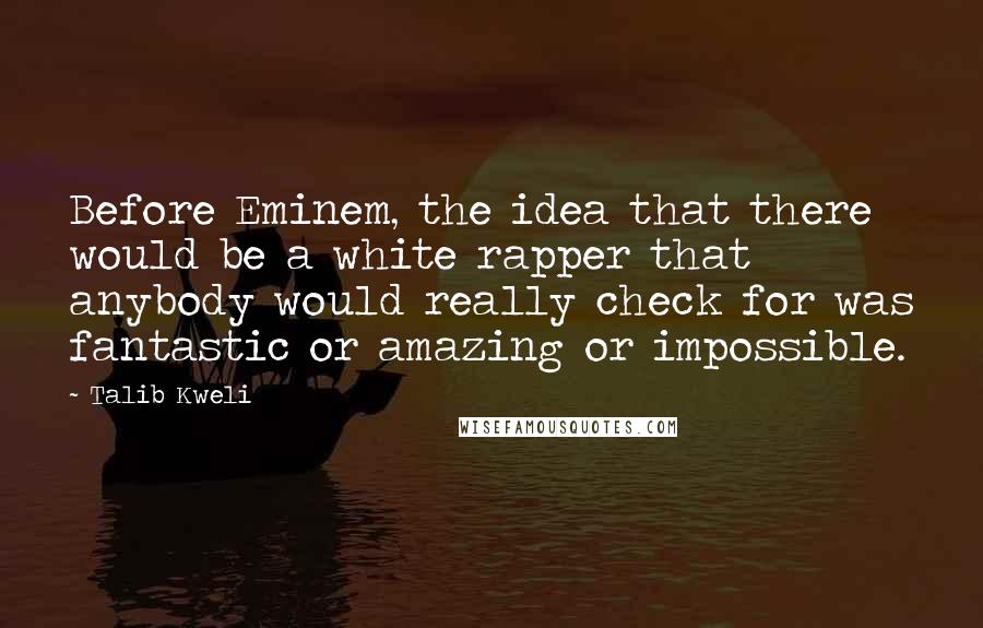 Talib Kweli Quotes: Before Eminem, the idea that there would be a white rapper that anybody would really check for was fantastic or amazing or impossible.