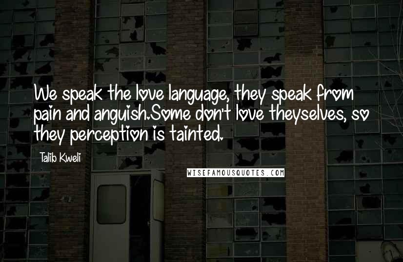 Talib Kweli Quotes: We speak the love language, they speak from pain and anguish.Some don't love theyselves, so they perception is tainted.