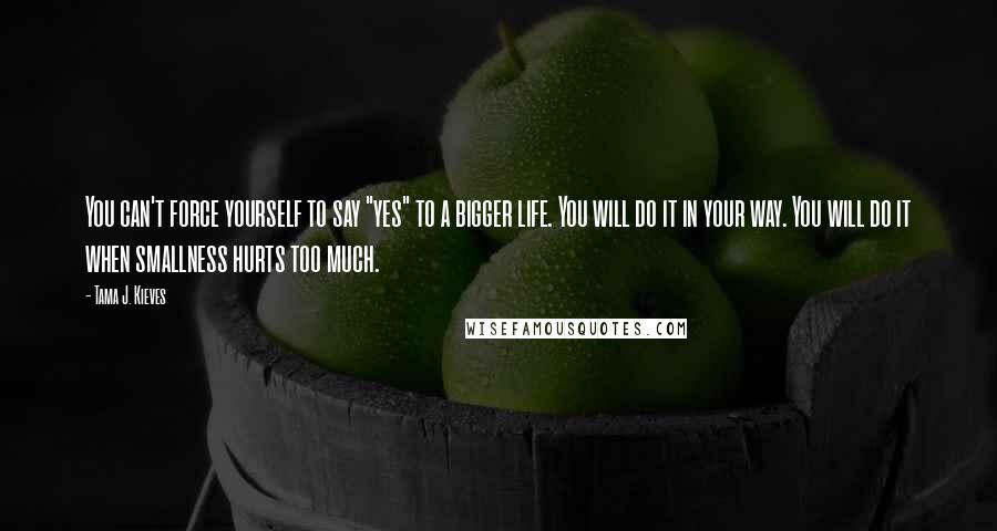 Tama J. Kieves Quotes: You can't force yourself to say "yes" to a bigger life. You will do it in your way. You will do it when smallness hurts too much.