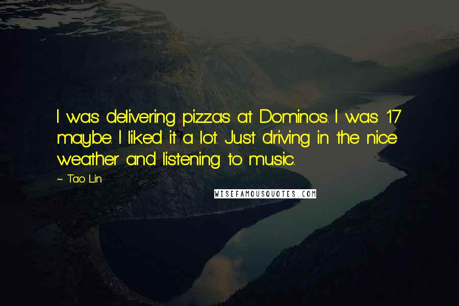 Tao Lin Quotes: I was delivering pizzas at Domino's. I was 17 maybe. I liked it a lot. Just driving in the nice weather and listening to music.