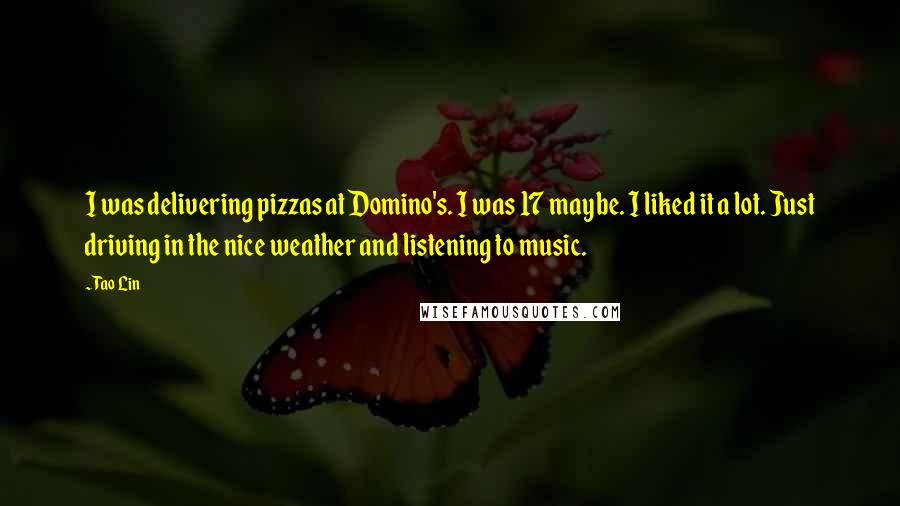 Tao Lin Quotes: I was delivering pizzas at Domino's. I was 17 maybe. I liked it a lot. Just driving in the nice weather and listening to music.