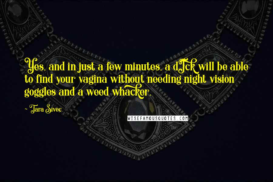 Tara Sivec Quotes: Yes, and in just a few minutes, a dIck will be able to find your vagina without needing night vision goggles and a weed whacker.