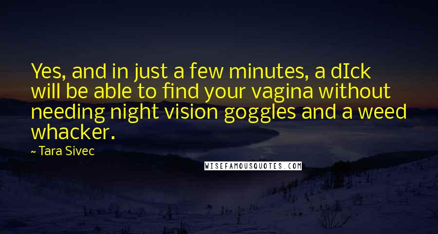 Tara Sivec Quotes: Yes, and in just a few minutes, a dIck will be able to find your vagina without needing night vision goggles and a weed whacker.