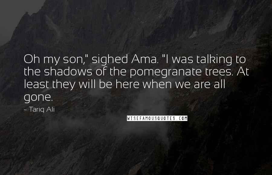 Tariq Ali Quotes: Oh my son," sighed Ama. "I was talking to the shadows of the pomegranate trees. At least they will be here when we are all gone.