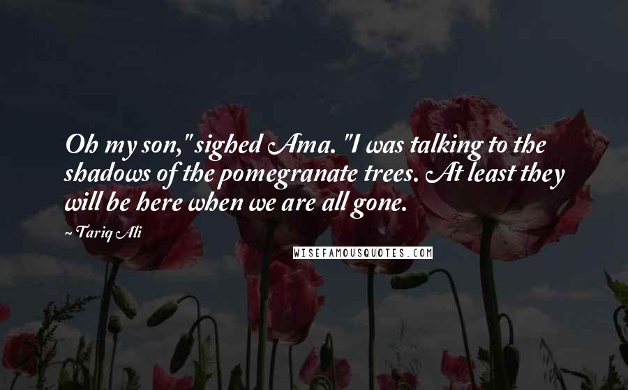 Tariq Ali Quotes: Oh my son," sighed Ama. "I was talking to the shadows of the pomegranate trees. At least they will be here when we are all gone.