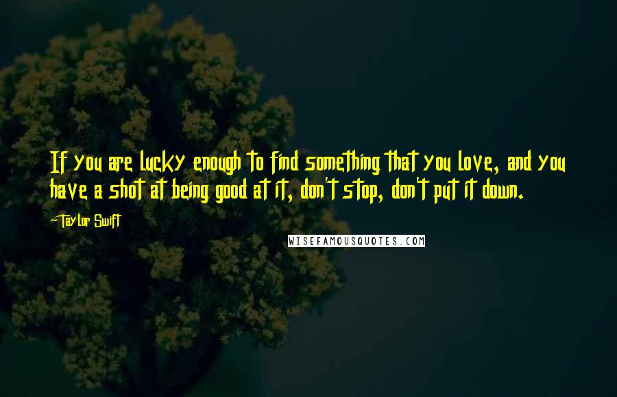 Taylor Swift Quotes: If you are lucky enough to find something that you love, and you have a shot at being good at it, don't stop, don't put it down.