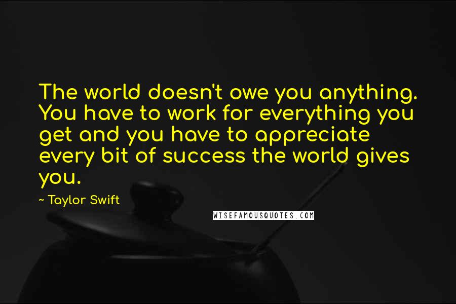 Taylor Swift Quotes: The world doesn't owe you anything. You have to work for everything you get and you have to appreciate every bit of success the world gives you.