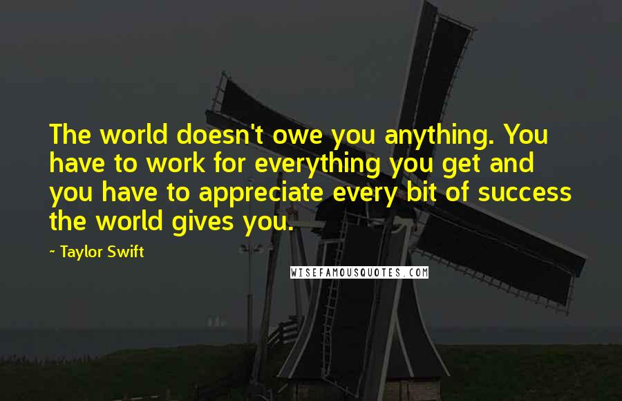 Taylor Swift Quotes: The world doesn't owe you anything. You have to work for everything you get and you have to appreciate every bit of success the world gives you.