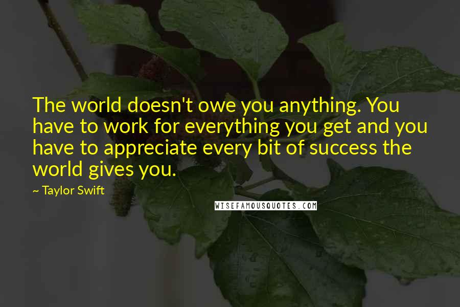 Taylor Swift Quotes: The world doesn't owe you anything. You have to work for everything you get and you have to appreciate every bit of success the world gives you.