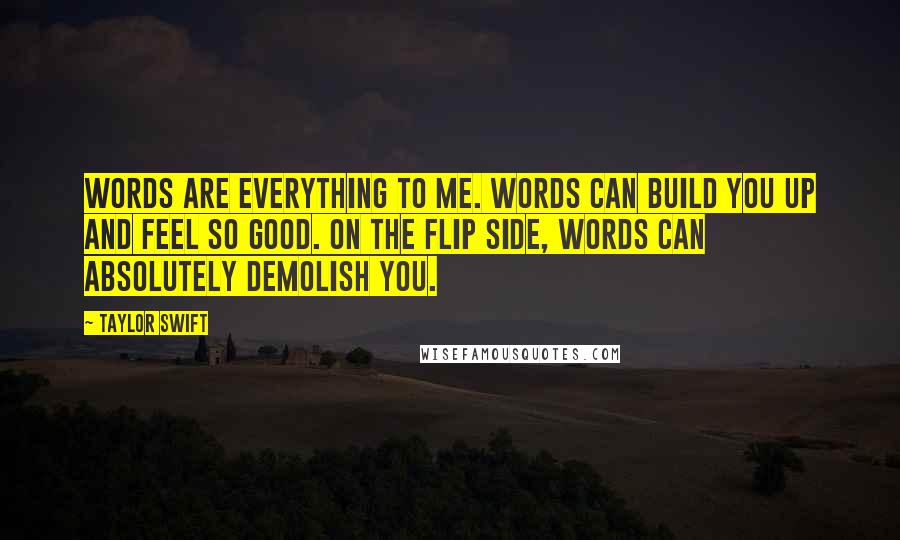 Taylor Swift Quotes: Words are everything to me. Words can build you up and feel so good. On the flip side, words can absolutely demolish you.