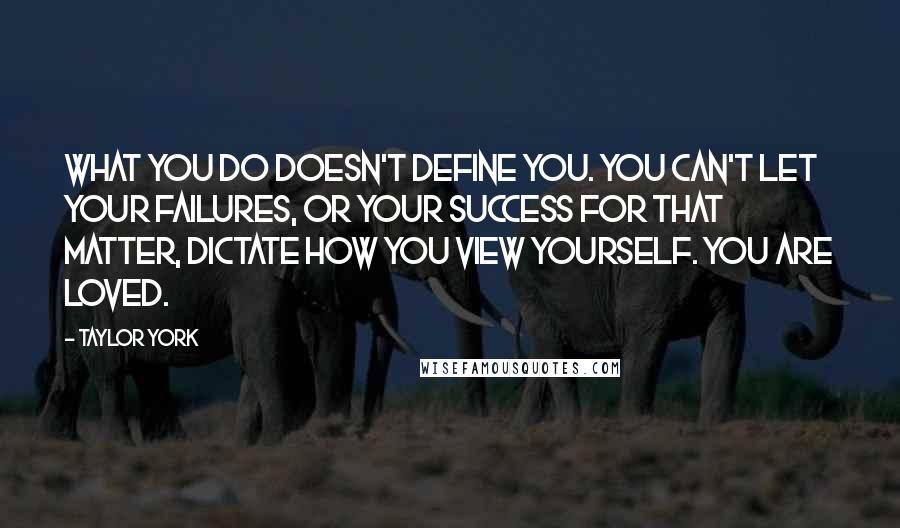 Taylor York Quotes: What you do doesn't define you. You can't let your failures, or your success for that matter, dictate how you view yourself. You are loved.