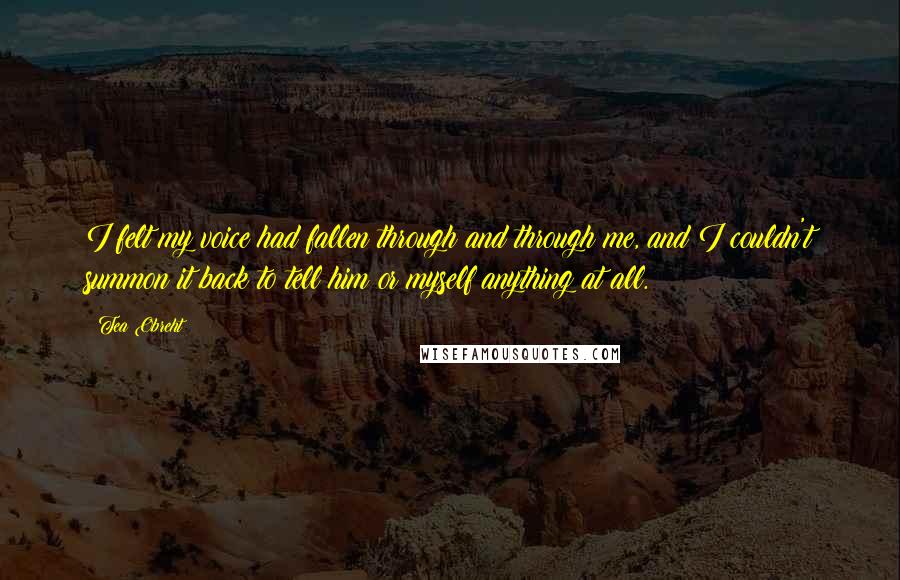 Tea Obreht Quotes: I felt my voice had fallen through and through me, and I couldn't summon it back to tell him or myself anything at all.