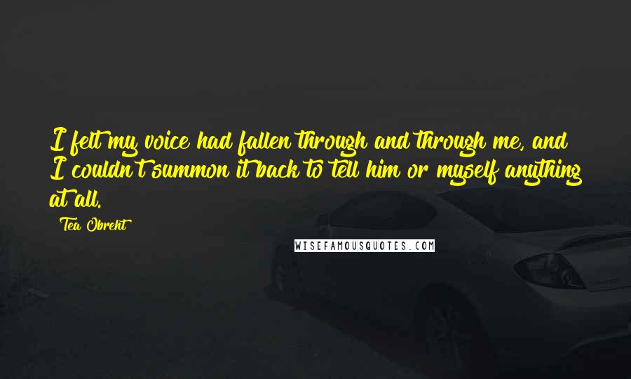 Tea Obreht Quotes: I felt my voice had fallen through and through me, and I couldn't summon it back to tell him or myself anything at all.