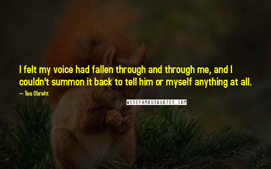 Tea Obreht Quotes: I felt my voice had fallen through and through me, and I couldn't summon it back to tell him or myself anything at all.