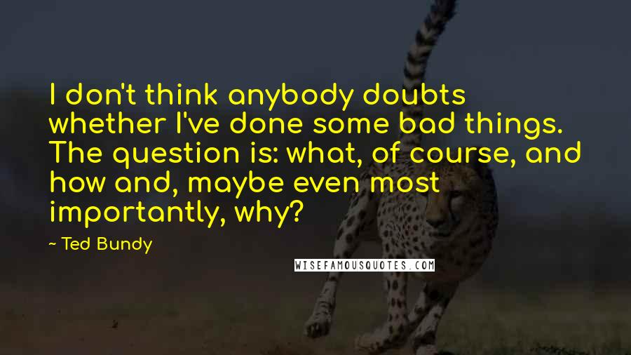 Ted Bundy Quotes: I don't think anybody doubts whether I've done some bad things. The question is: what, of course, and how and, maybe even most importantly, why?