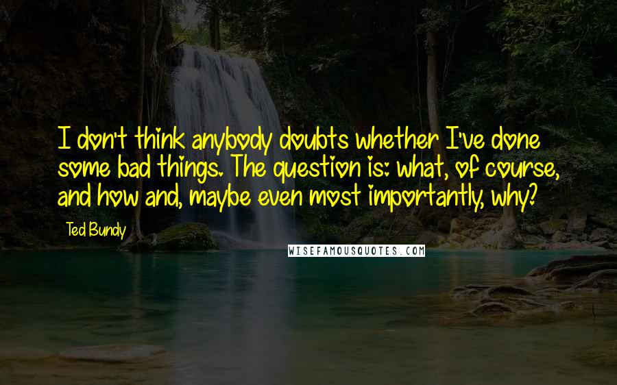 Ted Bundy Quotes: I don't think anybody doubts whether I've done some bad things. The question is: what, of course, and how and, maybe even most importantly, why?