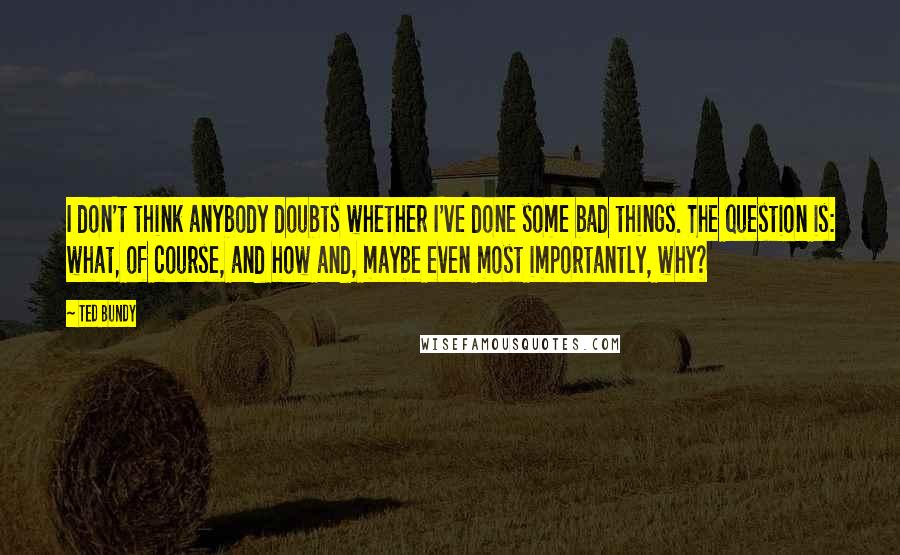 Ted Bundy Quotes: I don't think anybody doubts whether I've done some bad things. The question is: what, of course, and how and, maybe even most importantly, why?