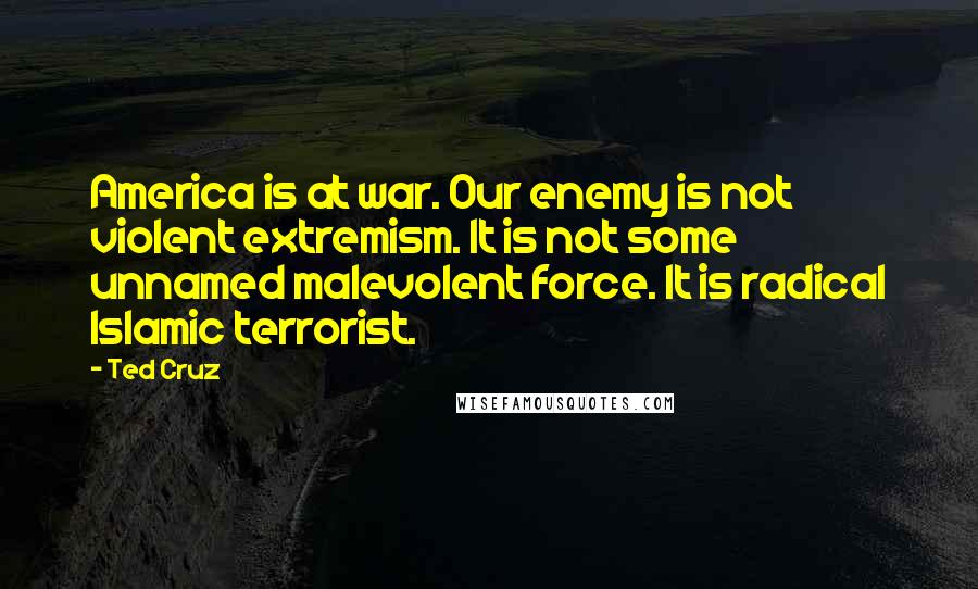 Ted Cruz Quotes: America is at war. Our enemy is not violent extremism. It is not some unnamed malevolent force. It is radical Islamic terrorist.