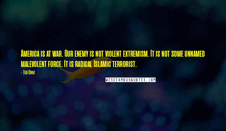 Ted Cruz Quotes: America is at war. Our enemy is not violent extremism. It is not some unnamed malevolent force. It is radical Islamic terrorist.