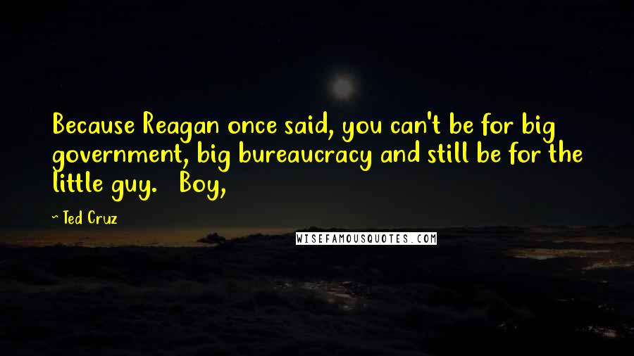 Ted Cruz Quotes: Because Reagan once said, you can't be for big government, big bureaucracy and still be for the little guy.   Boy,