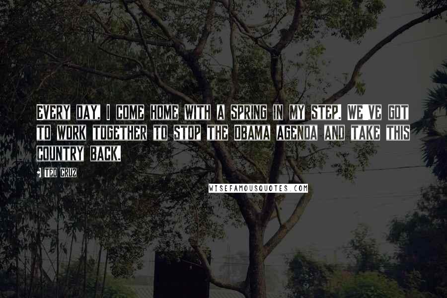 Ted Cruz Quotes: Every day, I come home with a spring in my step. We've got to work together to stop the Obama agenda and take this country back.