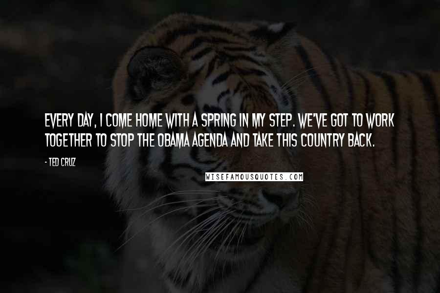 Ted Cruz Quotes: Every day, I come home with a spring in my step. We've got to work together to stop the Obama agenda and take this country back.