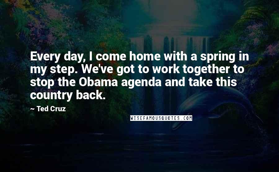 Ted Cruz Quotes: Every day, I come home with a spring in my step. We've got to work together to stop the Obama agenda and take this country back.