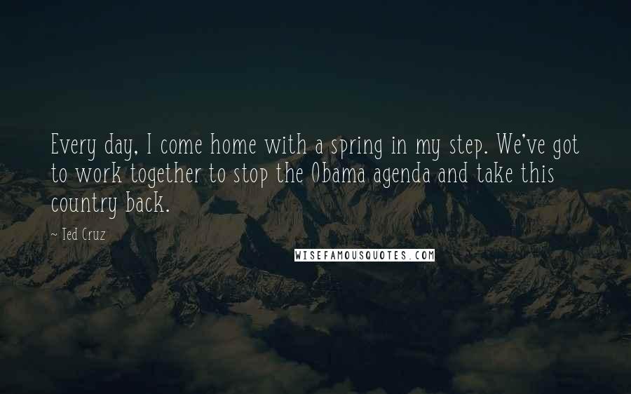 Ted Cruz Quotes: Every day, I come home with a spring in my step. We've got to work together to stop the Obama agenda and take this country back.