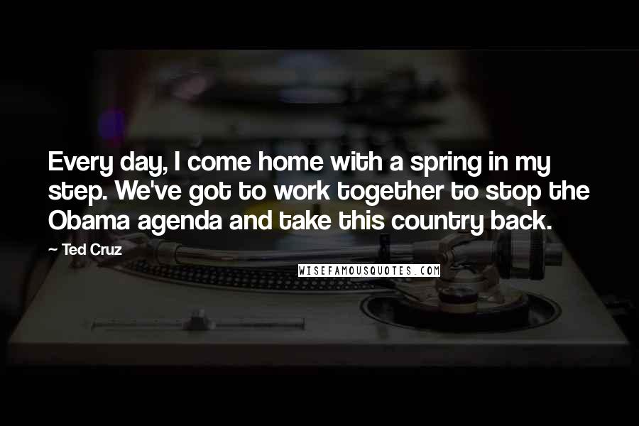 Ted Cruz Quotes: Every day, I come home with a spring in my step. We've got to work together to stop the Obama agenda and take this country back.