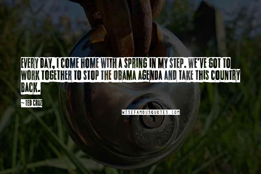 Ted Cruz Quotes: Every day, I come home with a spring in my step. We've got to work together to stop the Obama agenda and take this country back.