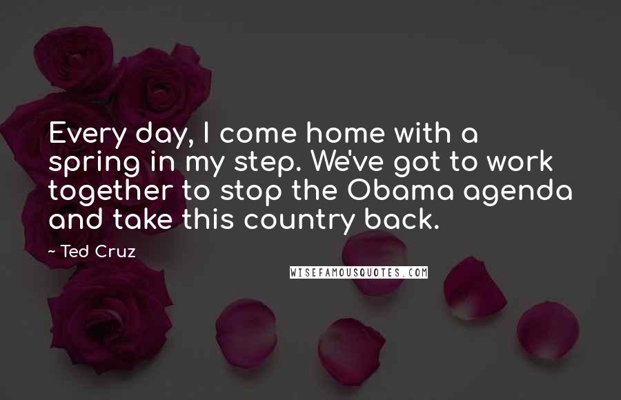 Ted Cruz Quotes: Every day, I come home with a spring in my step. We've got to work together to stop the Obama agenda and take this country back.