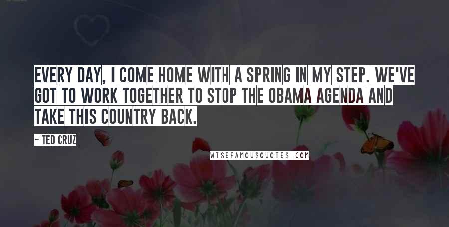 Ted Cruz Quotes: Every day, I come home with a spring in my step. We've got to work together to stop the Obama agenda and take this country back.